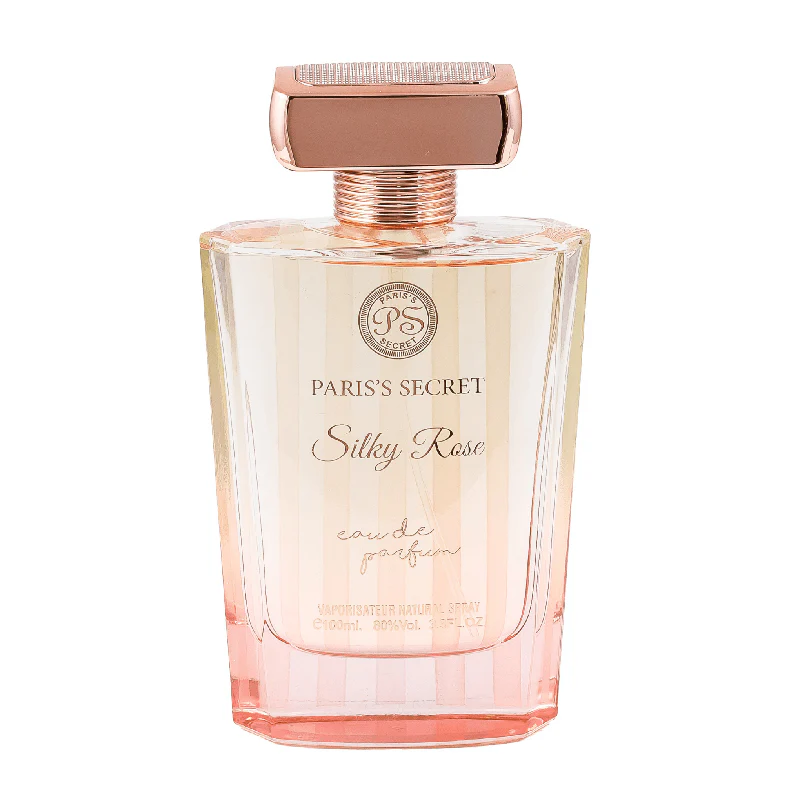 Frasco de perfume Paris's Secret Silky Rose com tampa rosa dourada