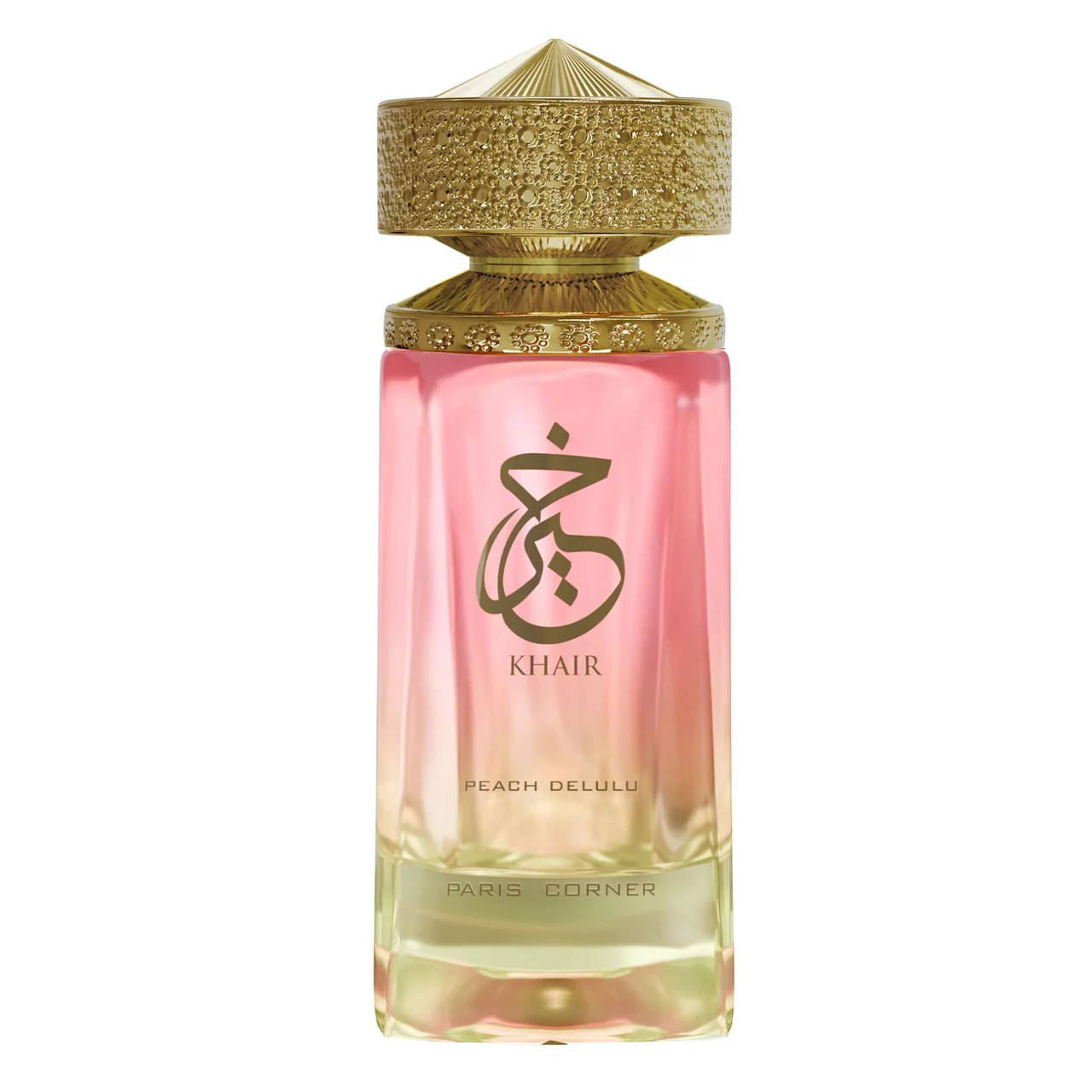 Frasco de perfume rosa e amarelo com tampa dourada texturizada e texto KHAIR