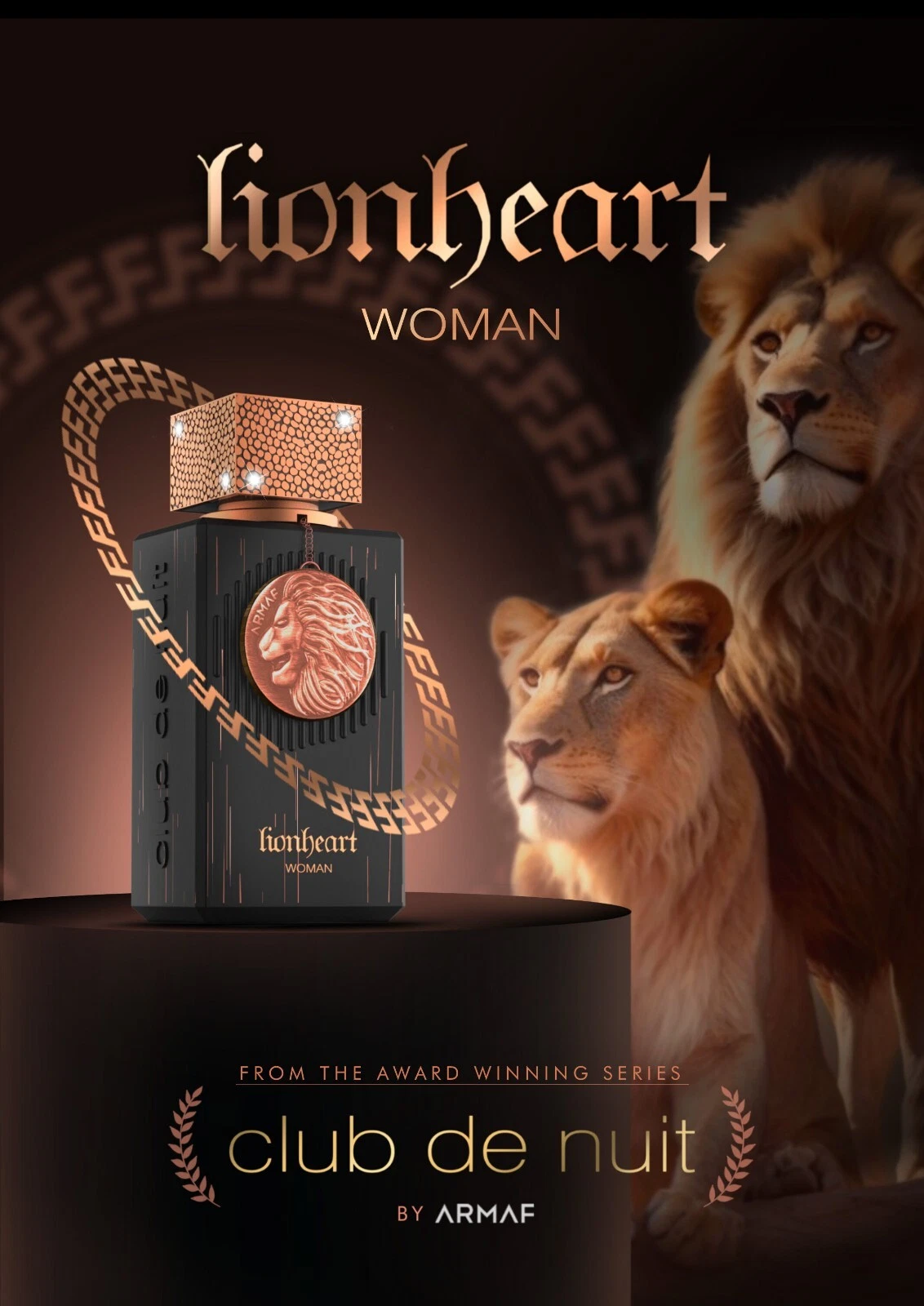Perfume feminino lionheart WOMAN da ARMAF com emblema de leão e leões ao fundo.
