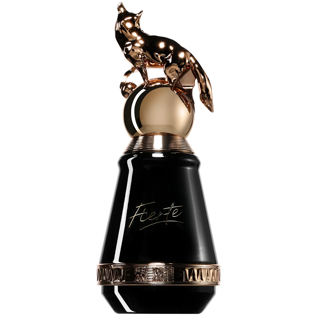 Frasco de perfume preto com tampa dourada em forma de raposa