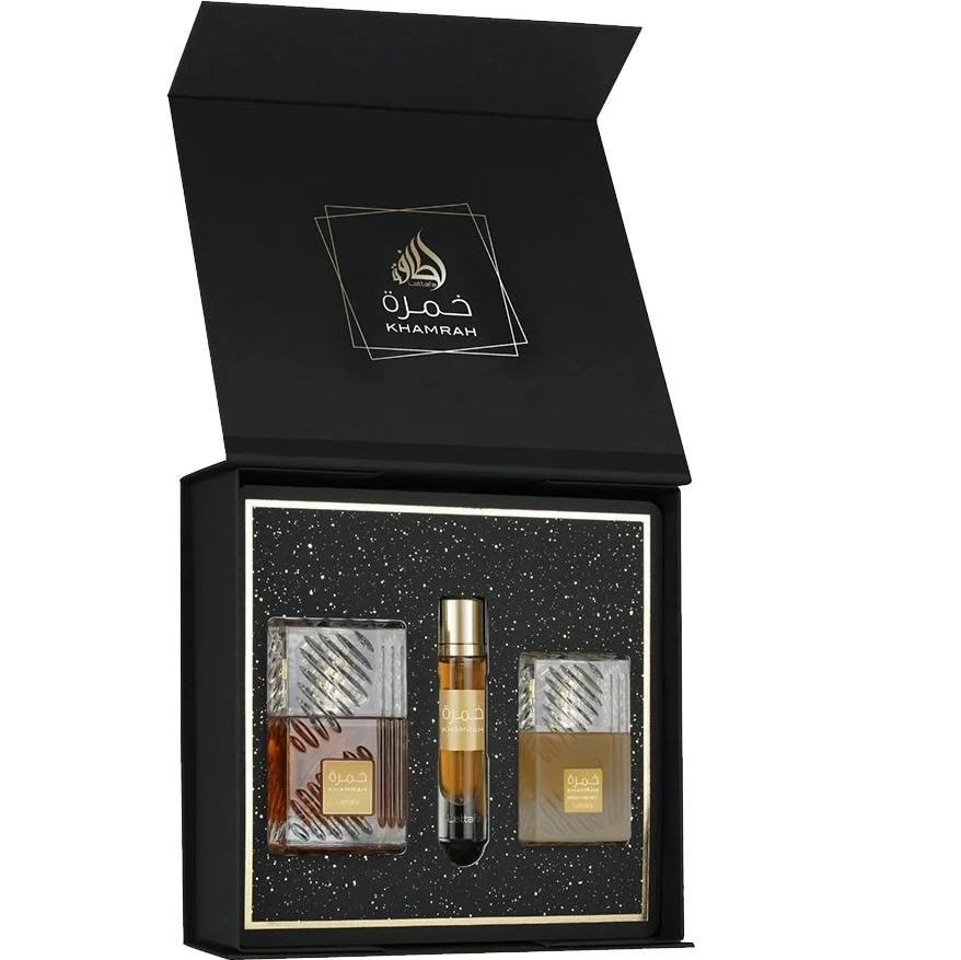 Conjunto de perfumes KHAMRAH em caixa preta com três frascos