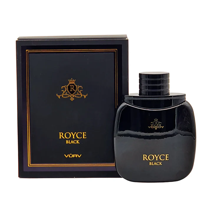 Perfume Royce Black da marca Vörv com frasco e caixa pretos com detalhes dourados