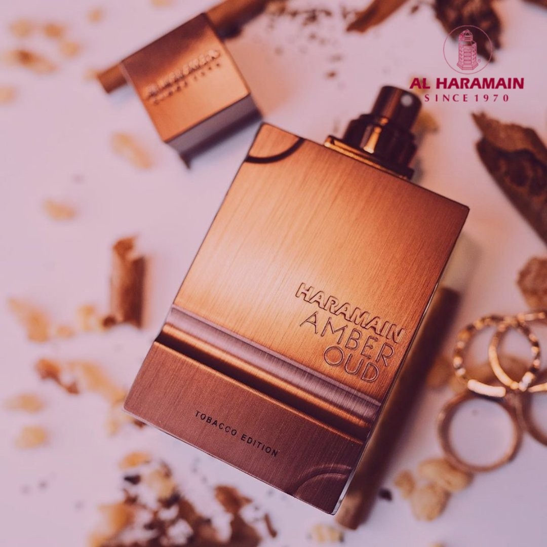 Frasco de perfume metálico cobre Amber Oud Tobacco Edition Al Haramain