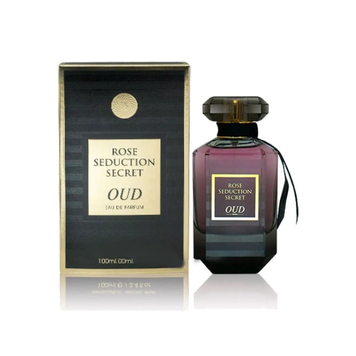 Frasco de perfume ROSE SEDUCTION SECRET OUD roxo com caixa preta à esquerda