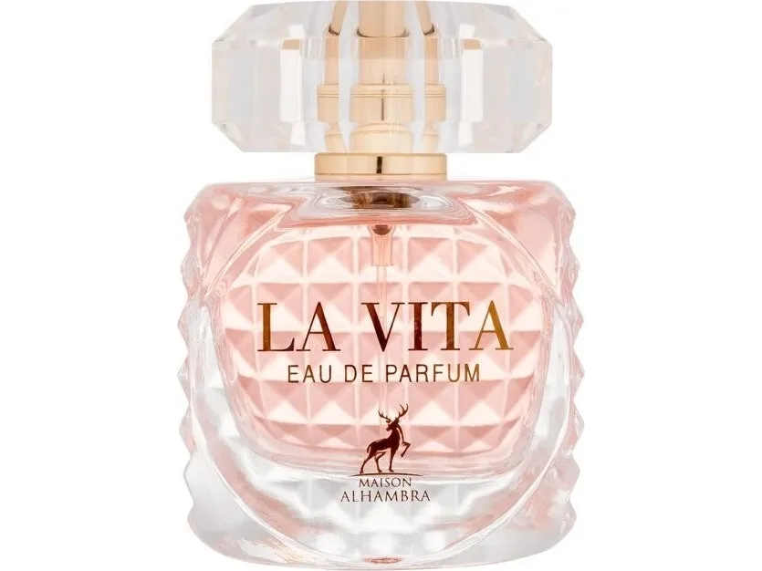 Frasco de perfume rosa La Vita Eau de Parfum da Maison Alhambra em vidro decorado e tampa transparente