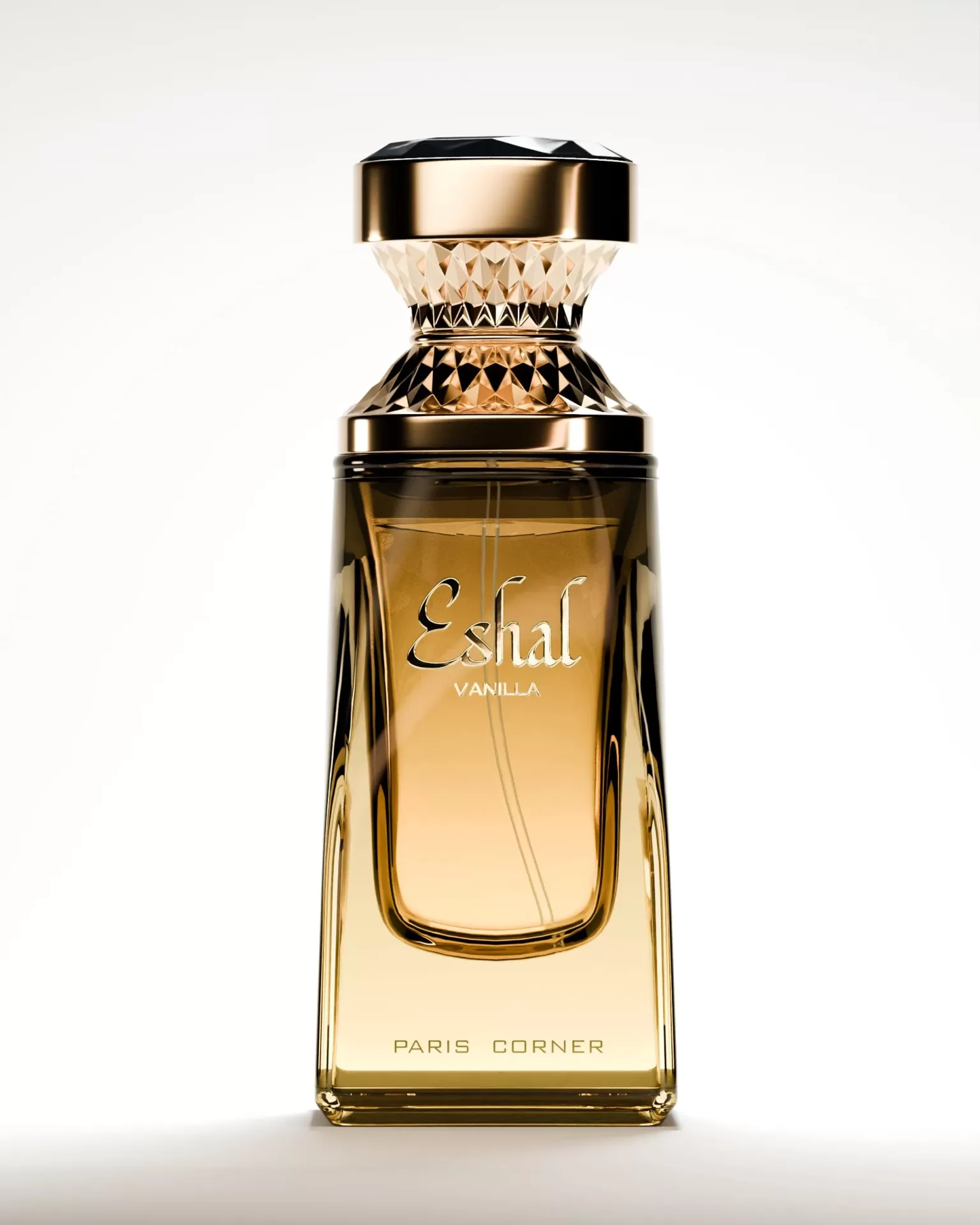 Frasco de perfume Eshal Vanilla da Paris Corner em vidro castanho com tampa dourada e cristal