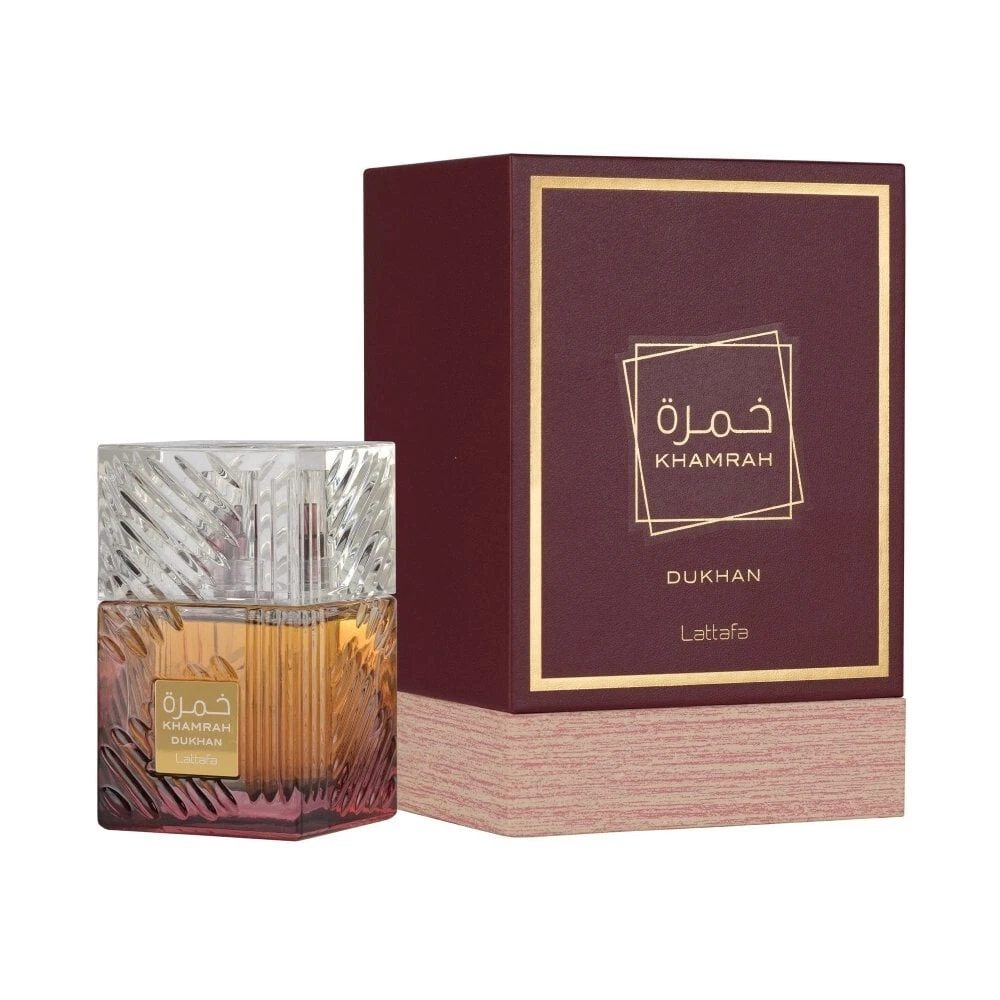 Perfume Khamrah Dukhan em frasco de vidro com caixa bordeaux e dourado