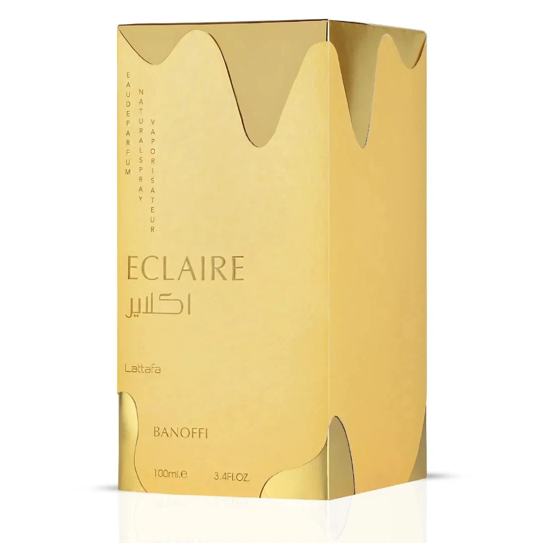 Embalagem de perfume ECLAIRE dourada com texto
