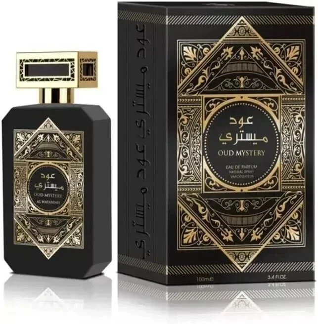 Frasco e caixa pretos de perfume OUD MYSTERY com decoração dourada e texto em árabe e inglês