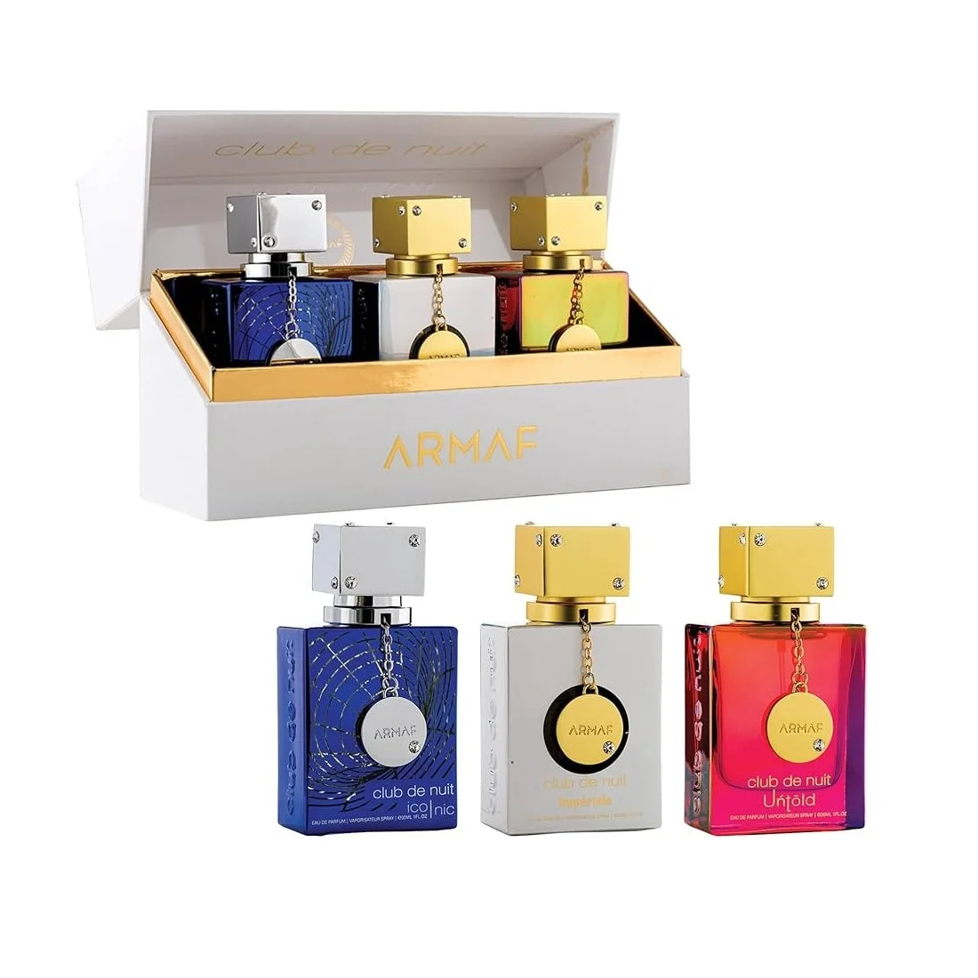 Conjunto de três perfumes ARMAF em frascos quadrados coloridos com tampas metálicas