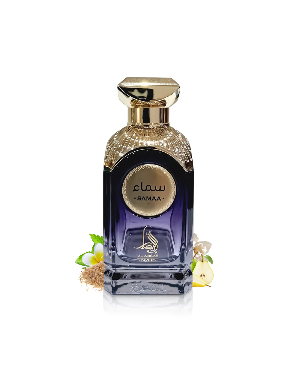 Frasco de perfume azul escuro com tampa dourada e etiqueta com texto SAMAA.