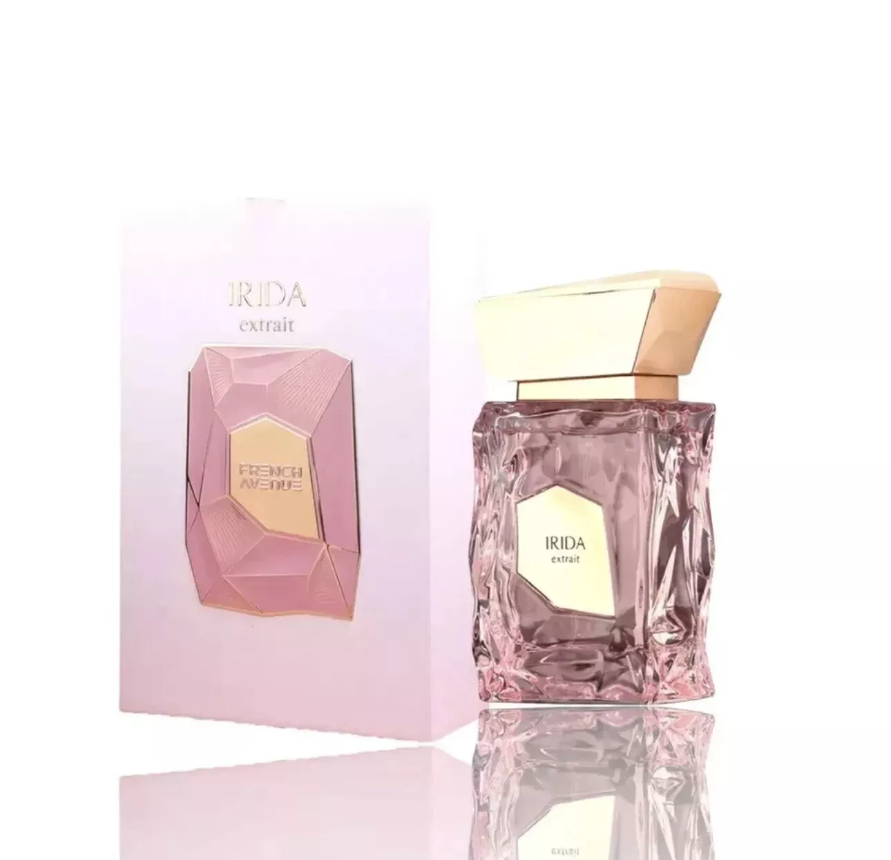 Perfume Irida extrait com frasco rosa facetado e tampa dourada ao lado da embalagem