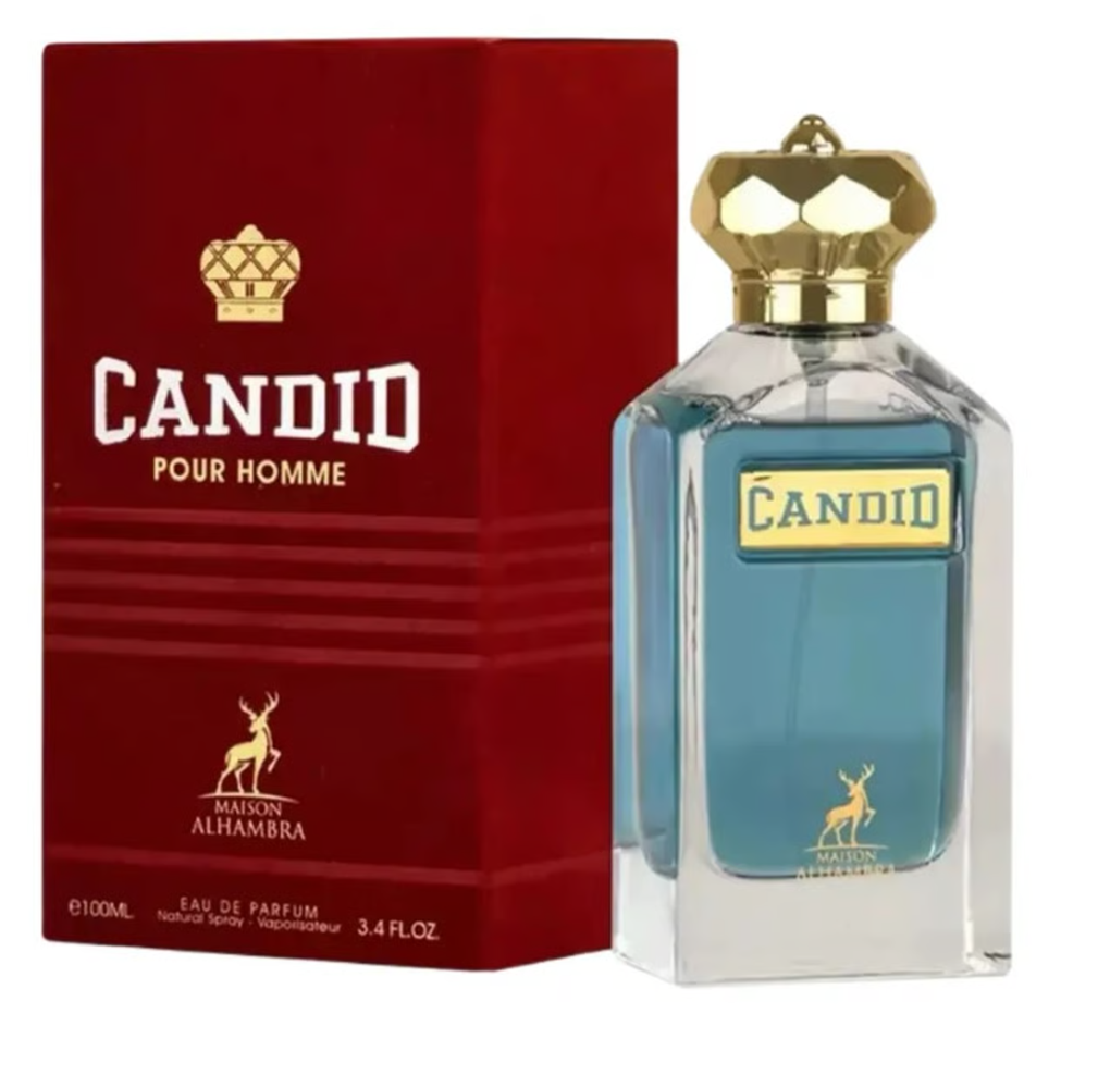Perfume Candid Pour Homme da Maison Alhambra com frasco azul e embalagem vermelha