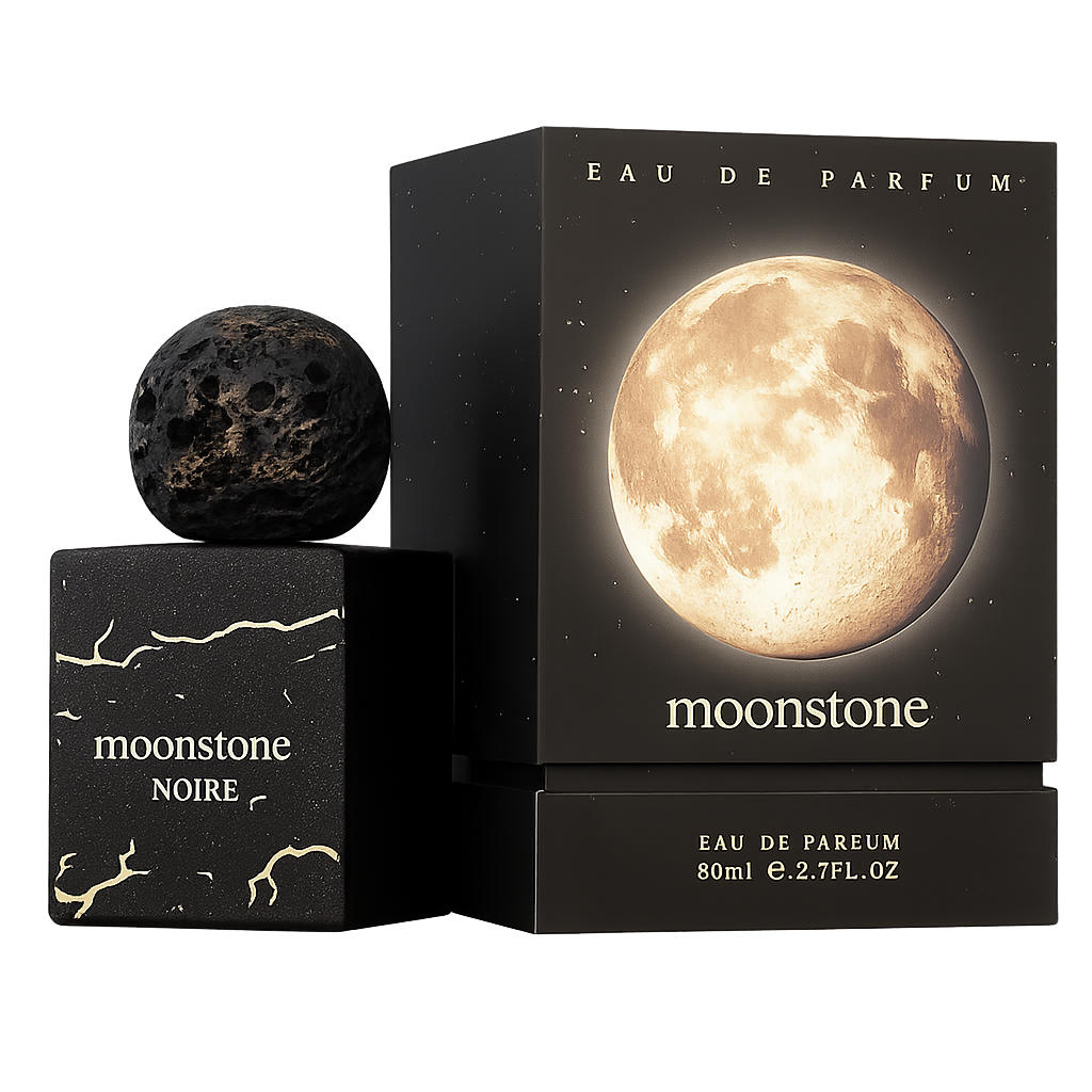 Frasco de perfume preto moonstone NOIRE com caixa preta imagem da lua e texto EAU DE PARFUM 80ml