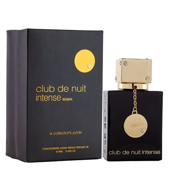 Frasco e caixa pretos de perfume club de nuit intense WOMAN com detalhes dourados