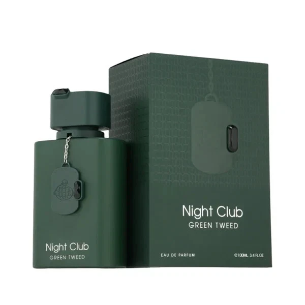 Perfume Night Club Green Tweed verde escuro com caixa e pingente de chapa metálica