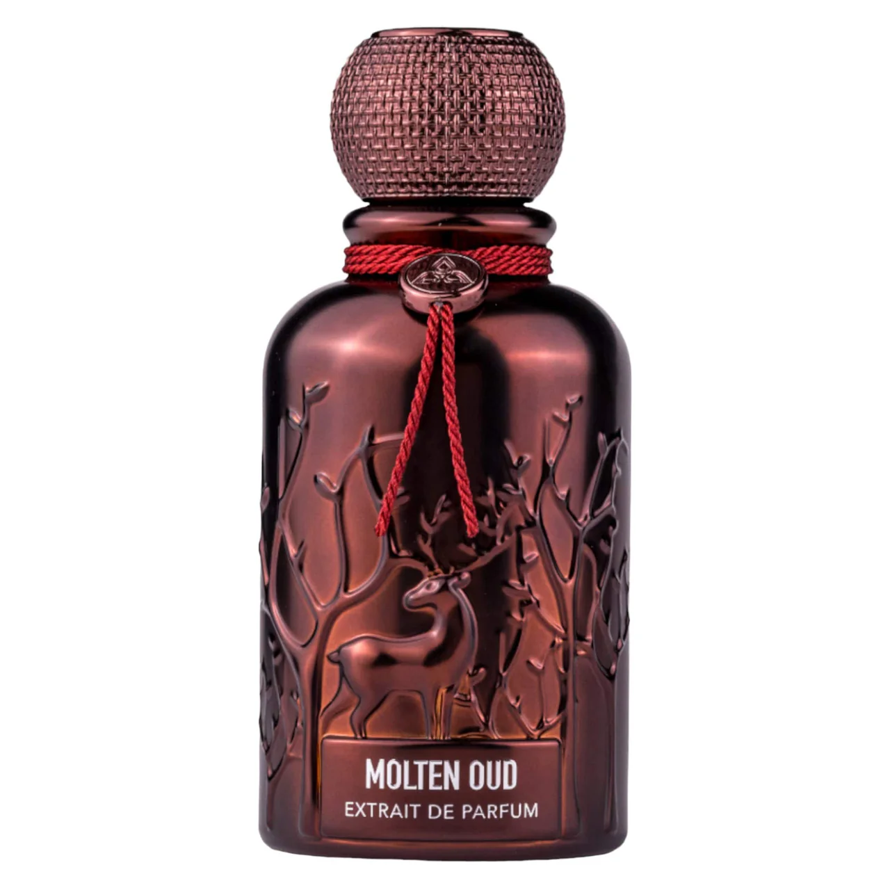 Frasco de perfume Molten Oud com relevo e tampa texturizada