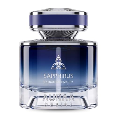 Frasco de perfume azul translúcido com tampa prateada e roxa, texto SAPPHIRUS e AURAA DESIRE