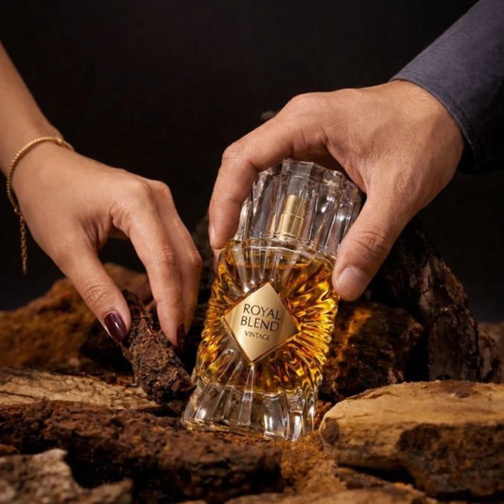 Frasco de perfume Royal Blend Vintage em cenário de madeira com duas mãos segurando.