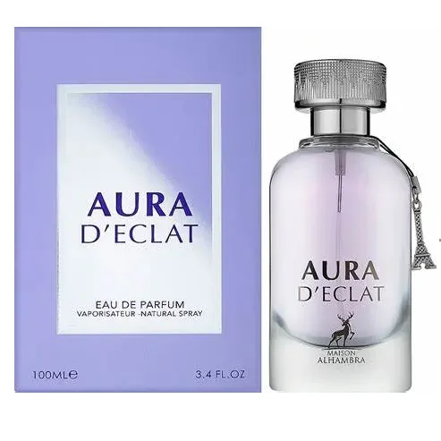 Frasco de perfume Aura D'Eclat com caixa lilás