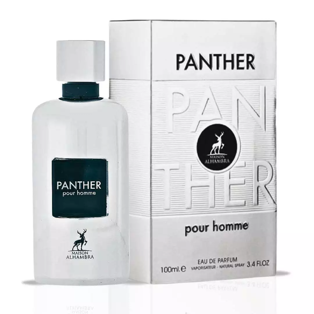Frasco de perfume Panther pour homme e embalagem