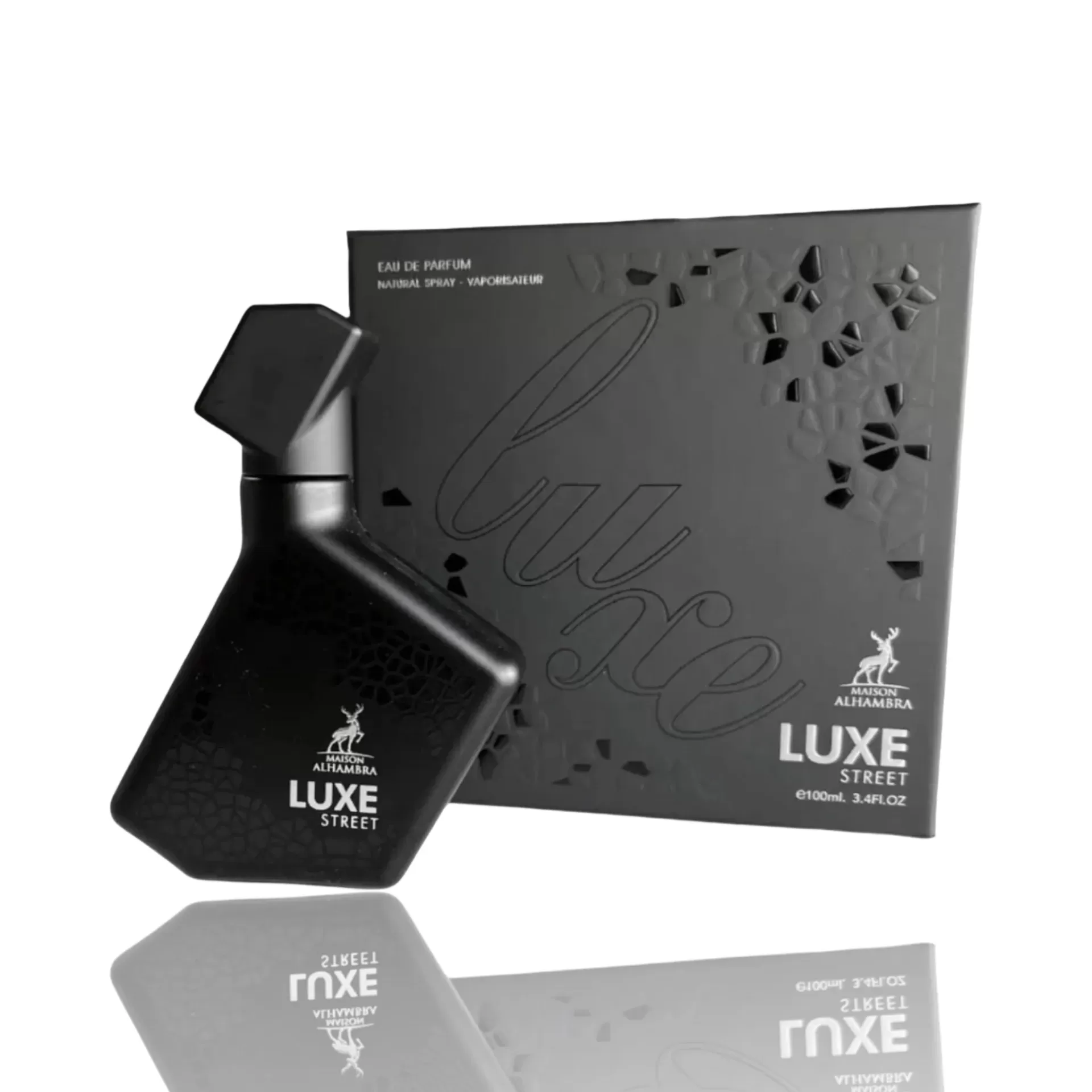 Frasco preto fosco de perfume LUXE STREET com caixa preta com relevo