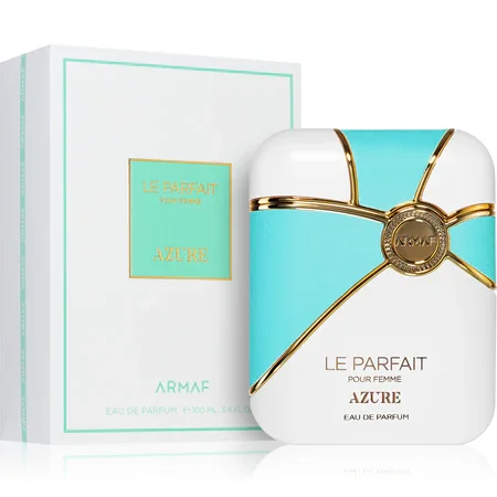 Frasco e embalagem do perfume Le Parfait Pour Femme Azure da Armaf, branco com azul-turquesa e detalhes dourados
