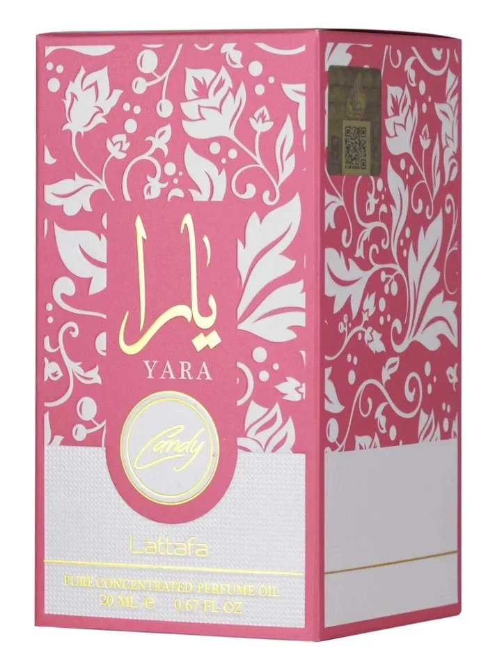 Caixa de perfume rosa YARA Candy com padrão floral