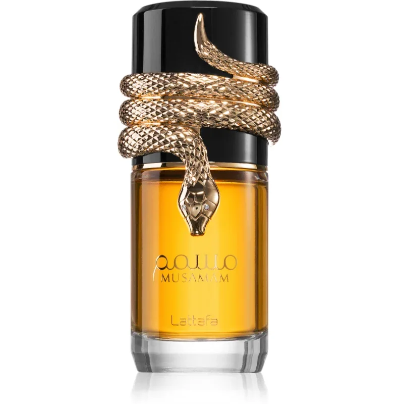 Frasco de perfume com serpente dourada envolta na tampa preta