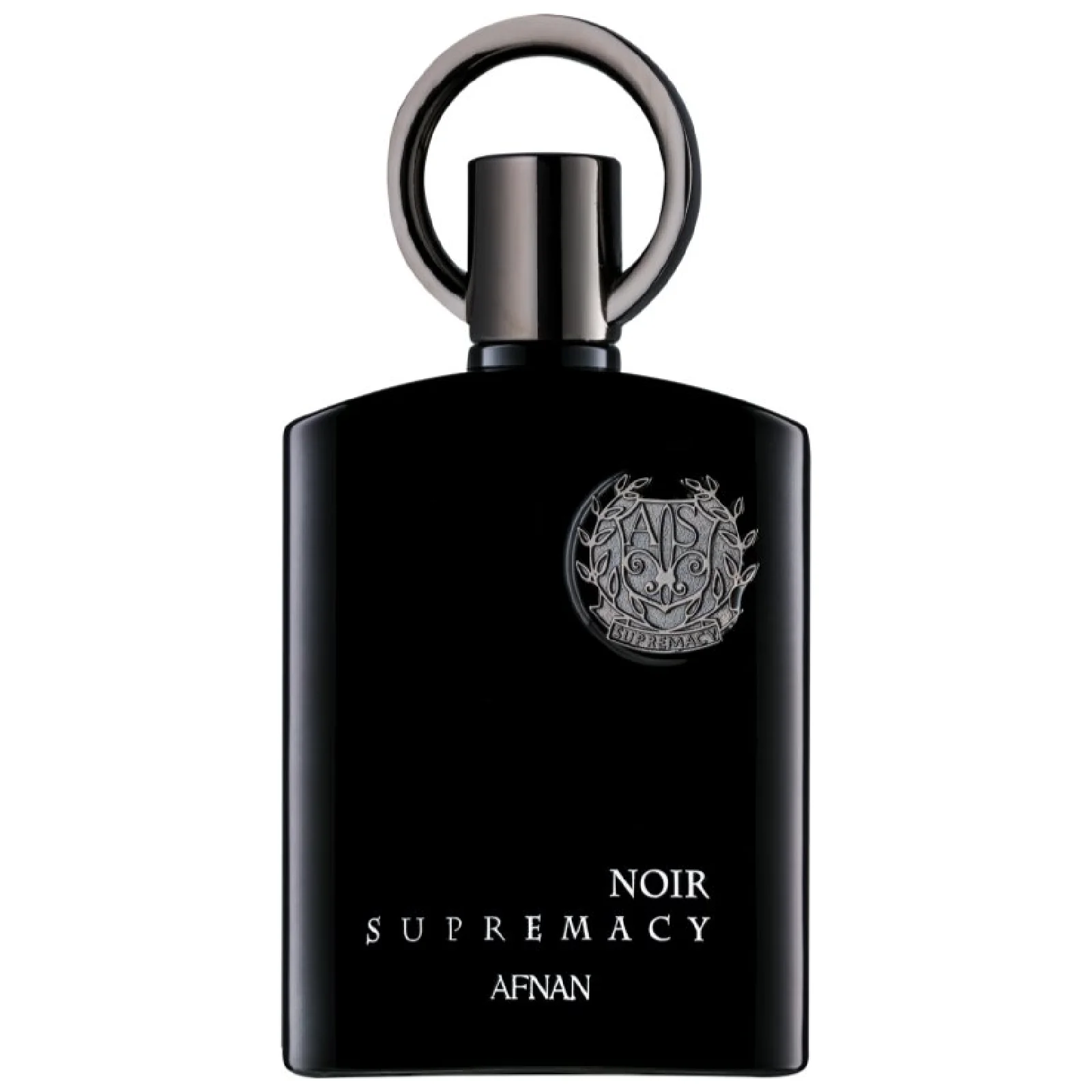 Frasco de perfume preto com tampa circular e texto branco NOIR SUPREMACY AFNAN