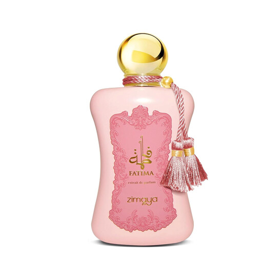 frasco de perfume cor-de-rosa com tampa dourada e detalhes em rosa