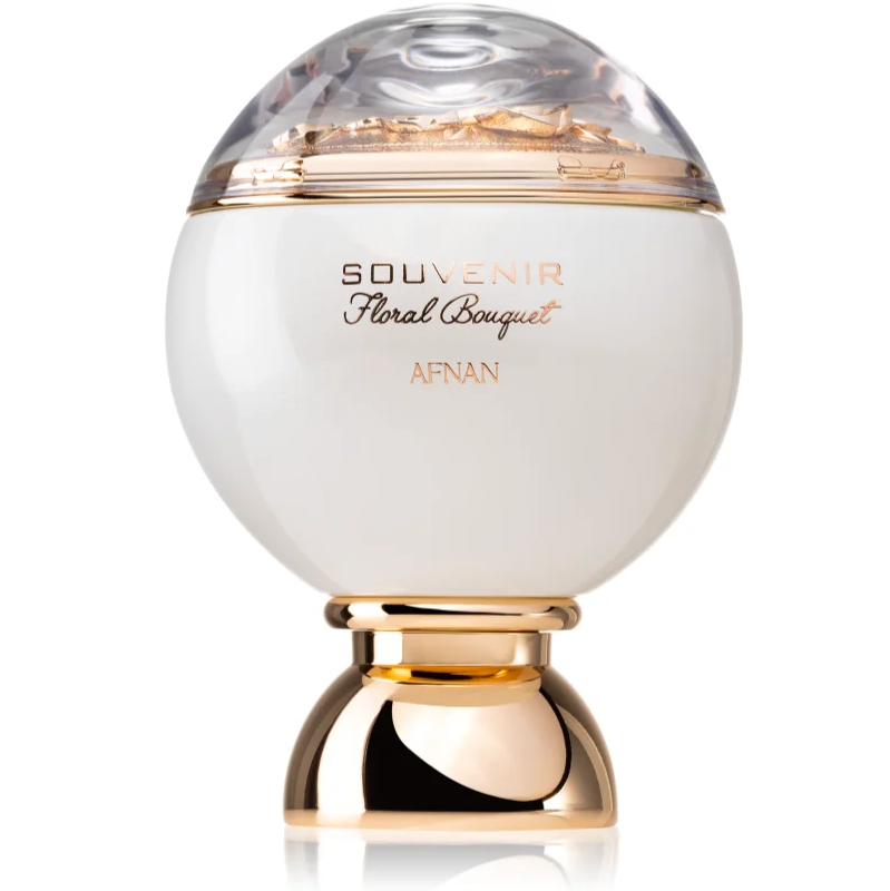 Frasco de perfume branco com tampa transparente e detalhes dourados