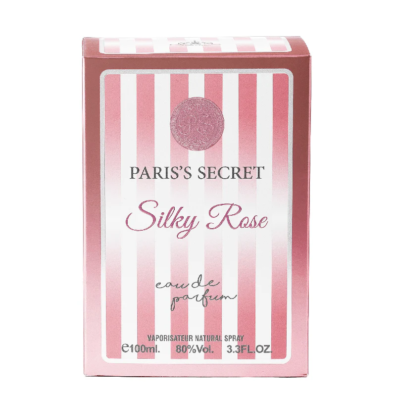 Embalagem rosa com riscas brancas de perfume Silky Rose da PARIS'S SECRET