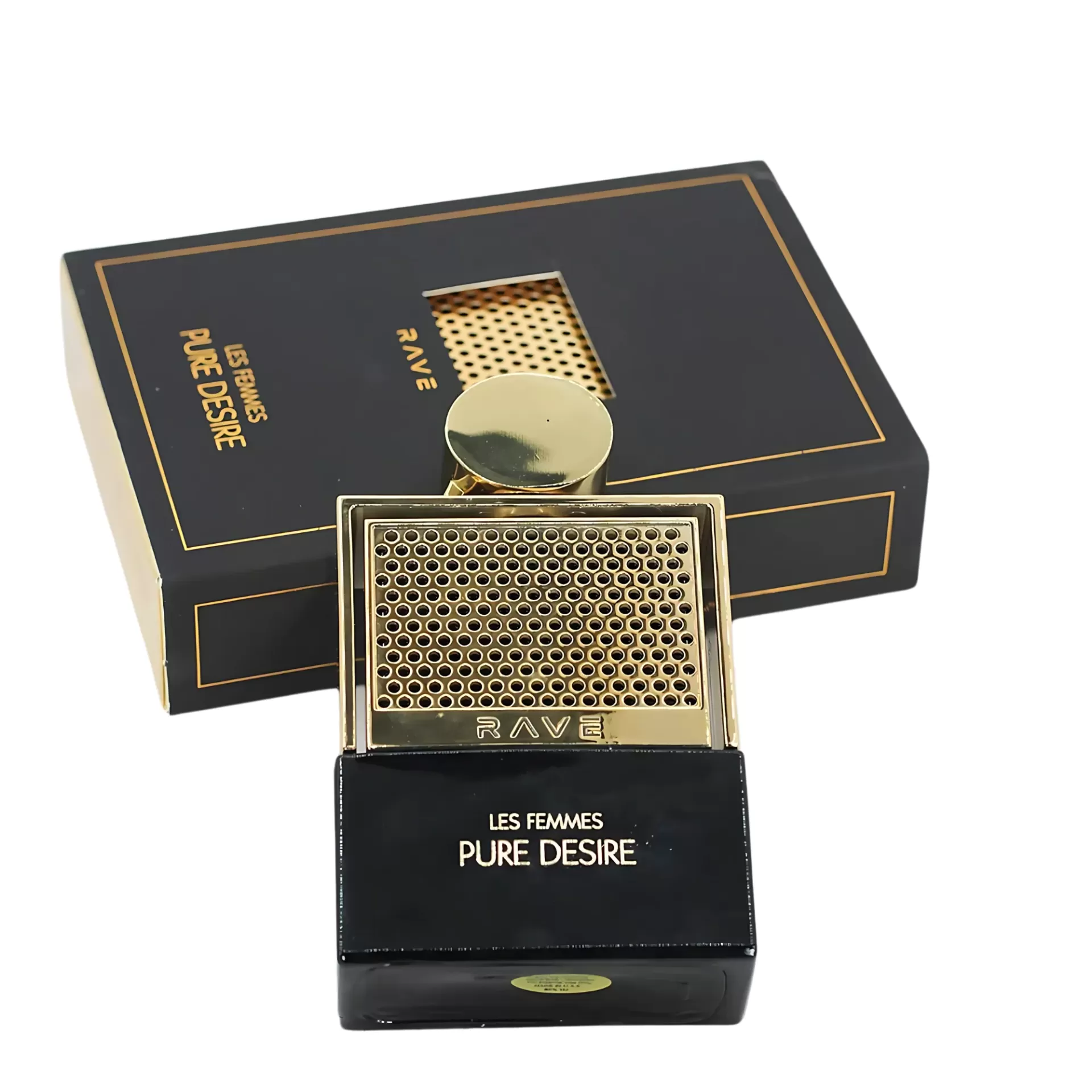 Frasco de perfume preto e dourado com texto LES FEMMES PURE DESIRE e embalagem preta