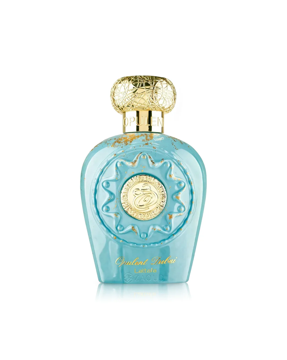 Frasco de perfume azul turquesa com detalhes dourados e tampa decorativa dourada