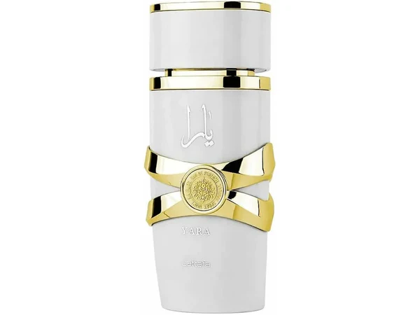 Frasco branco de perfume com detalhes dourados e selo circular