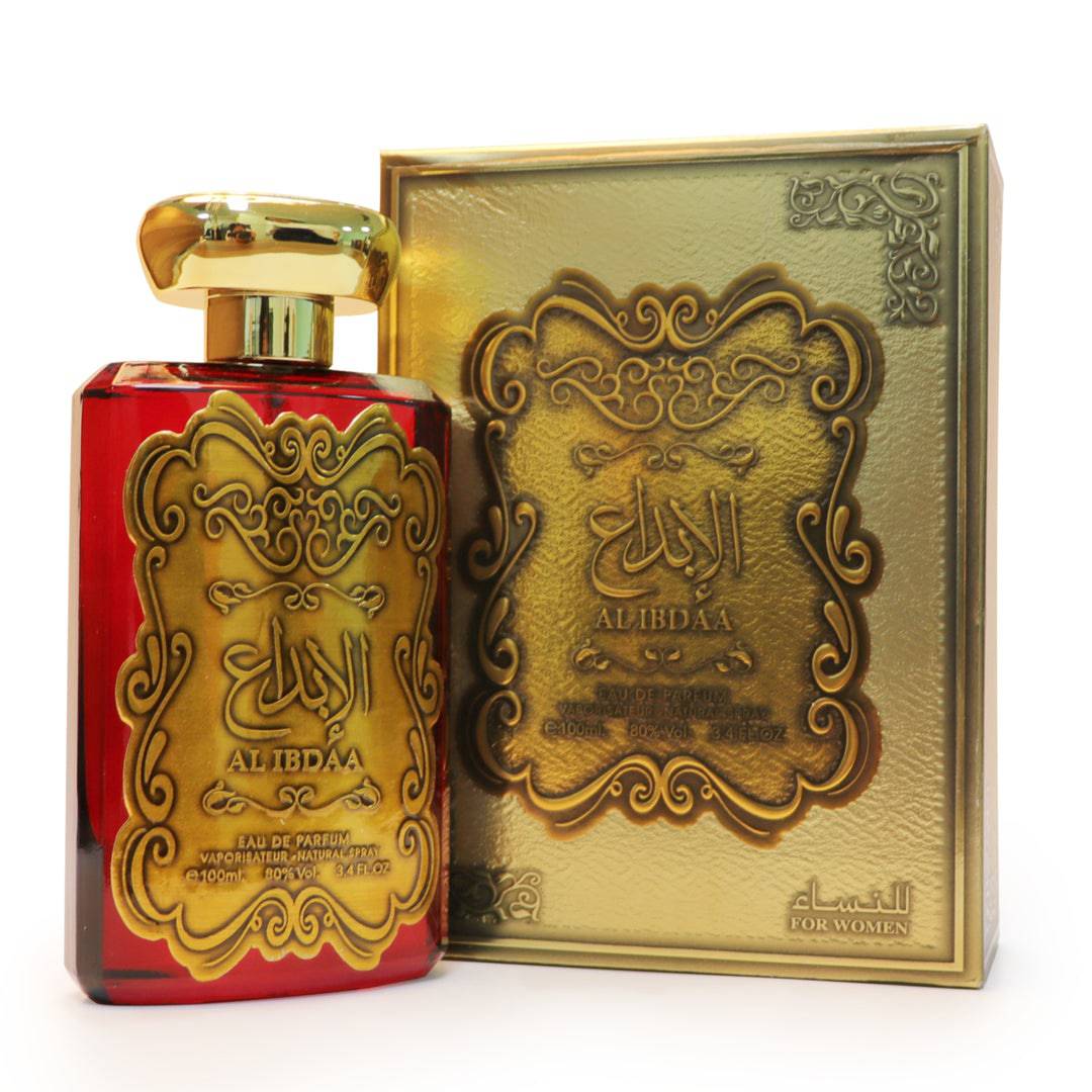 Perfume ALIBDAA frasco vermelho e caixa dourada ornamentada