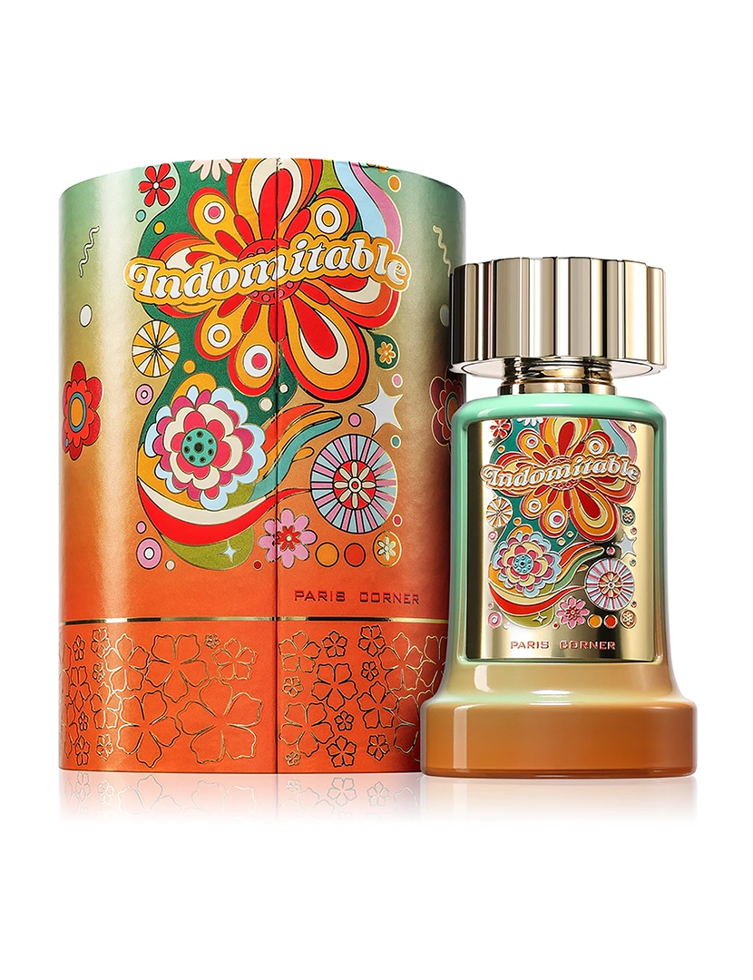 Frasco e embalagem de perfume Indomitable com design floral colorido