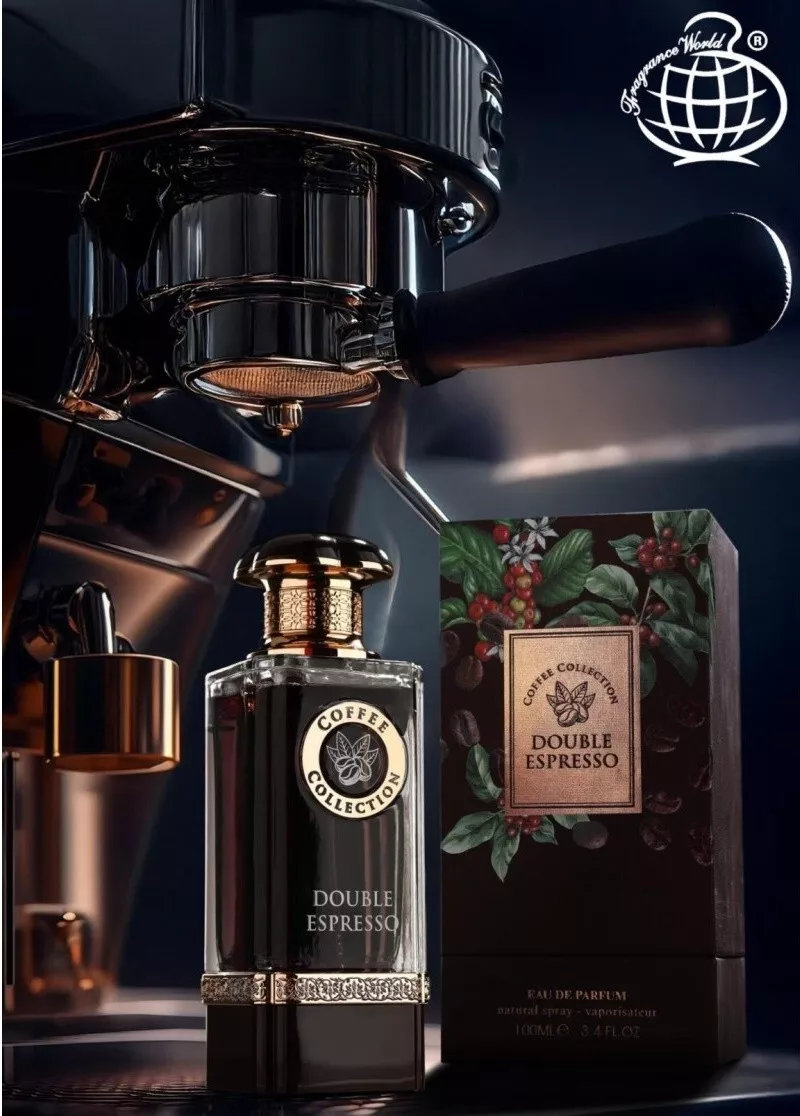 Frasco de perfume Double Espresso da Coffee Collection junto a máquina de café expresso