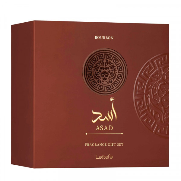 Caixa de presente de fragrâncias Bourbon ASAD da Lattafa castanha com padrão e relevo