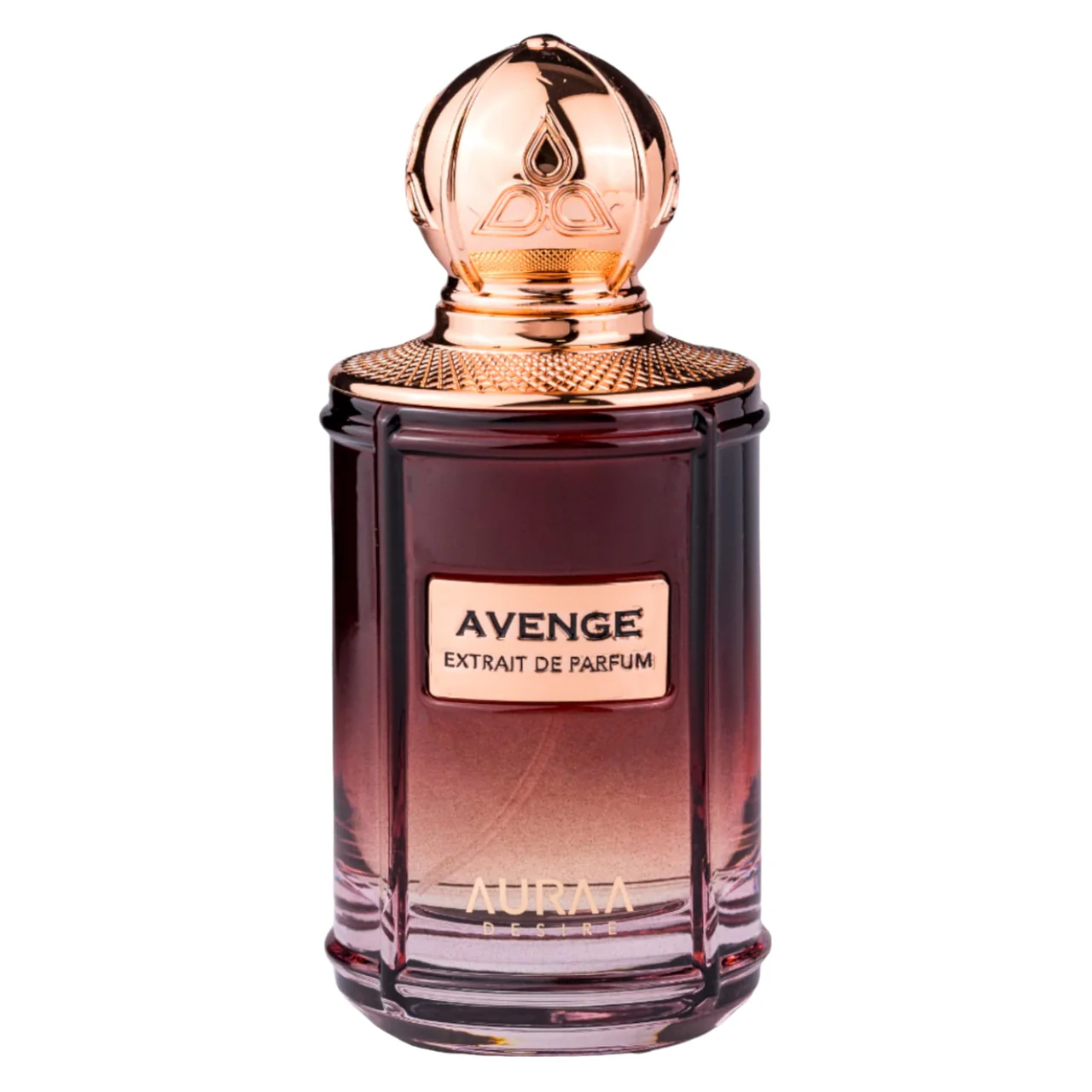 Frasco de perfume rosa e roxo com tampa dourada e etiquetas metálicas