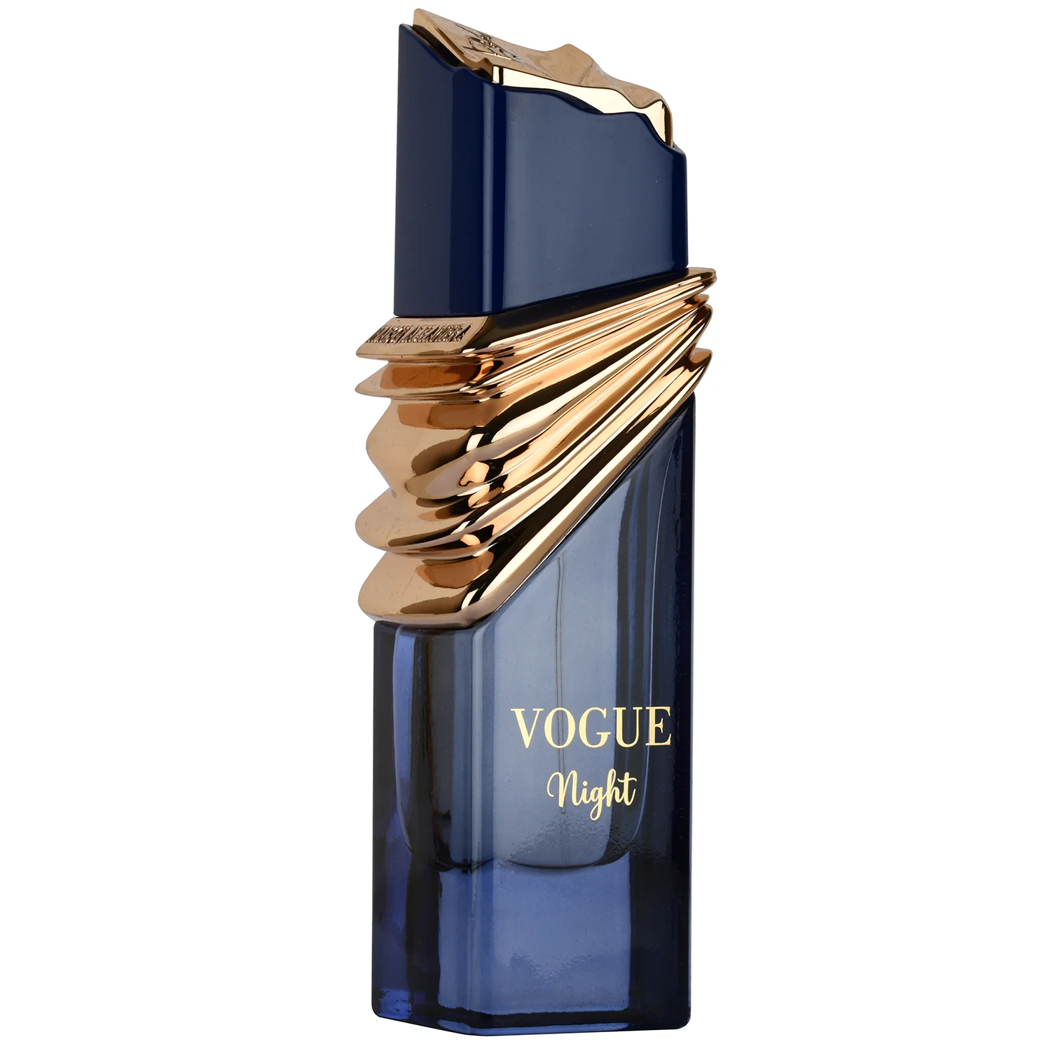 Frasco de perfume azul com detalhes dourados e texto VOGUE Night
