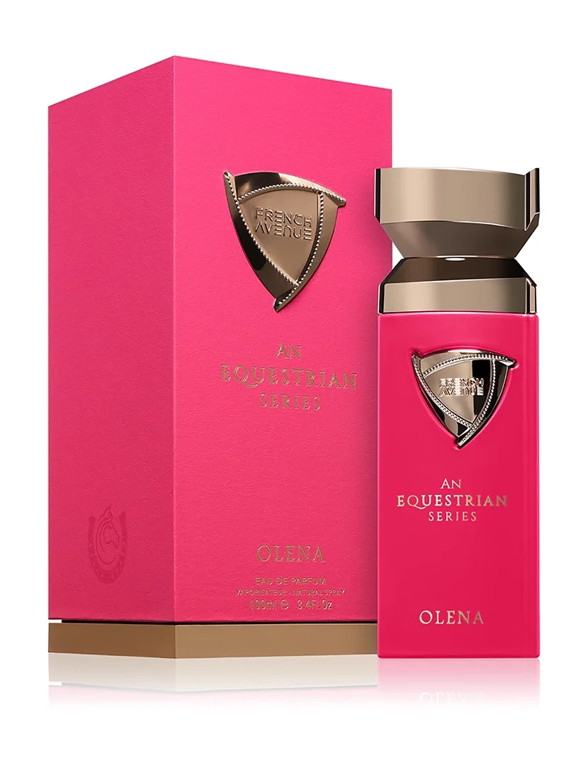 Frasco e embalagem de perfume French Avenue An Equestrian Series Olena rosa com detalhes dourados.