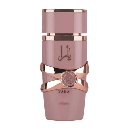 Frasco rosa de perfume com detalhes dourados e texto em árabe