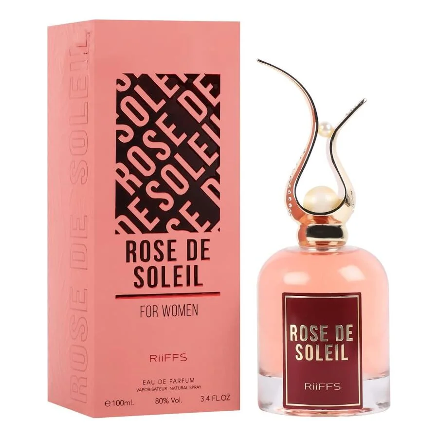 Perfume Rose de Soleil para mulheres, frasco e embalagem cor-de-rosa
