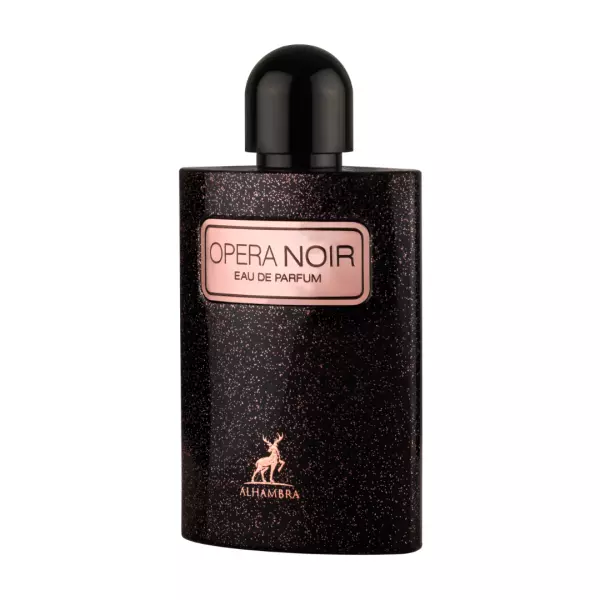 Frasco preto de perfume Opera Noir com tampa arredondada e rótulo cor de rosa