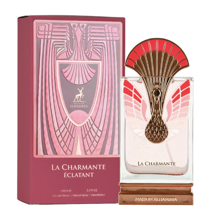 Frasco de perfume La Charmante Éclatant com tampa dourada e vermelha, e caixa rosa decorativa