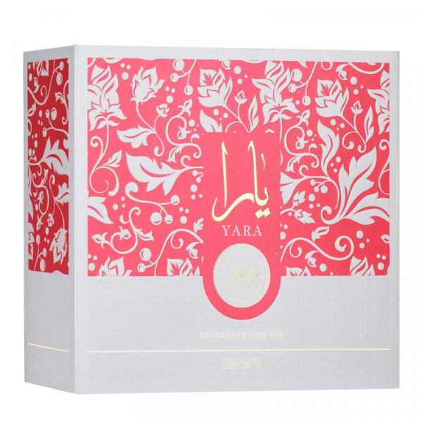 Caixa de presente floral rosa e branco com texto YARA e FRAGRANCE GIFT SET