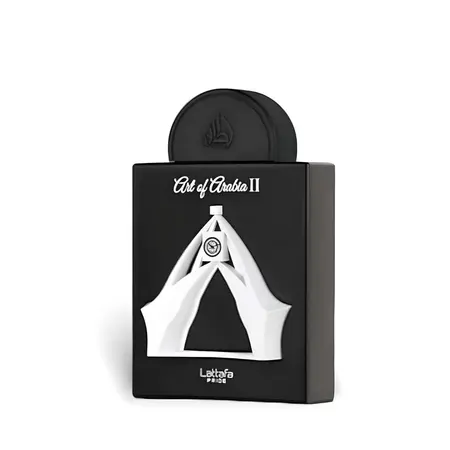 Frasco preto de perfume Art of Arabia II com ilustração de mãos em fundo branco