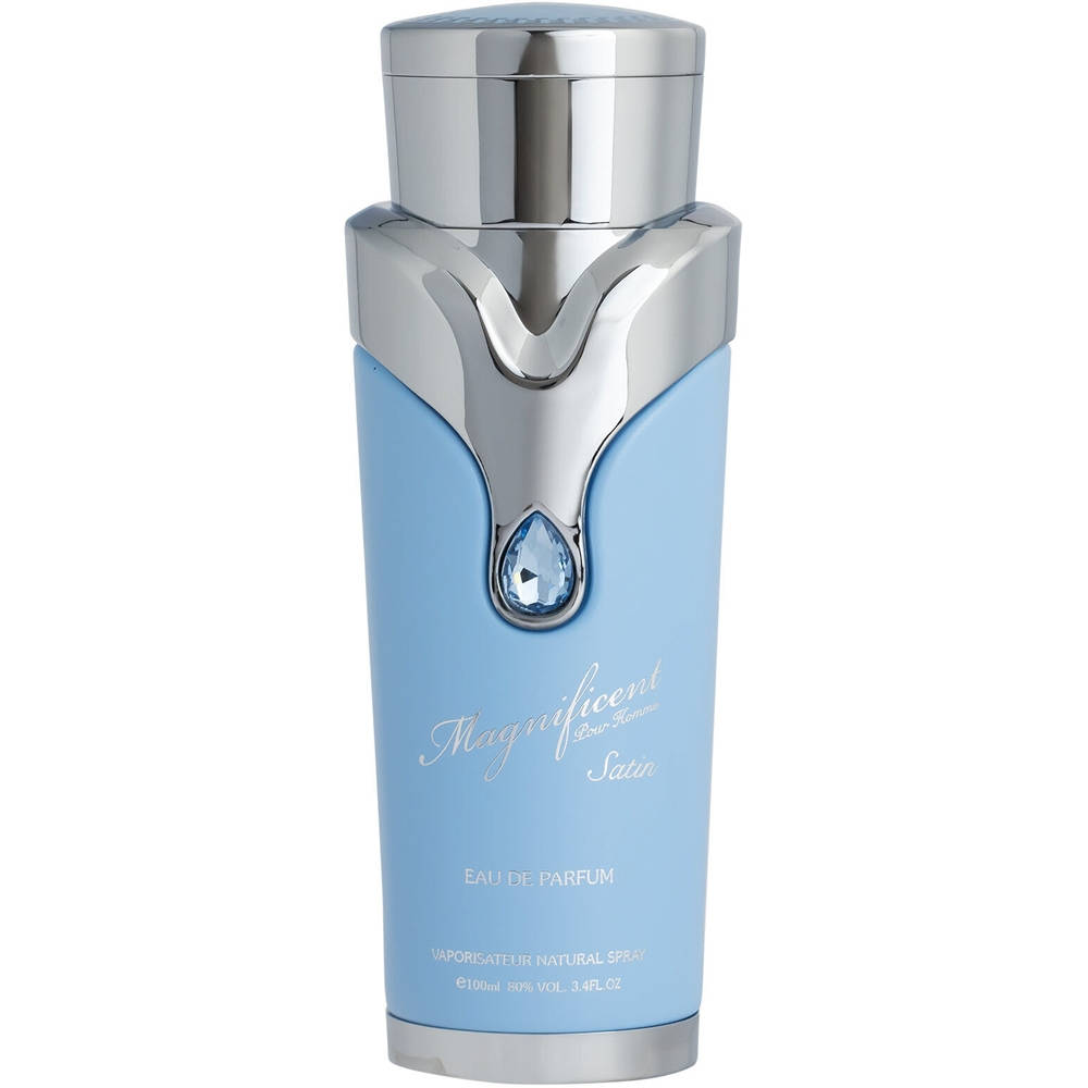 Frasco azul claro de perfume com tampa prateada e detalhe gota azul